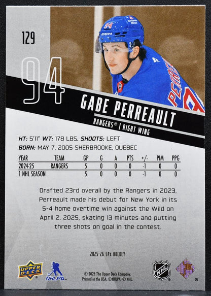 2025-26 SPx Rookies Gabe Perreault 129 New York Rangers RC 0160