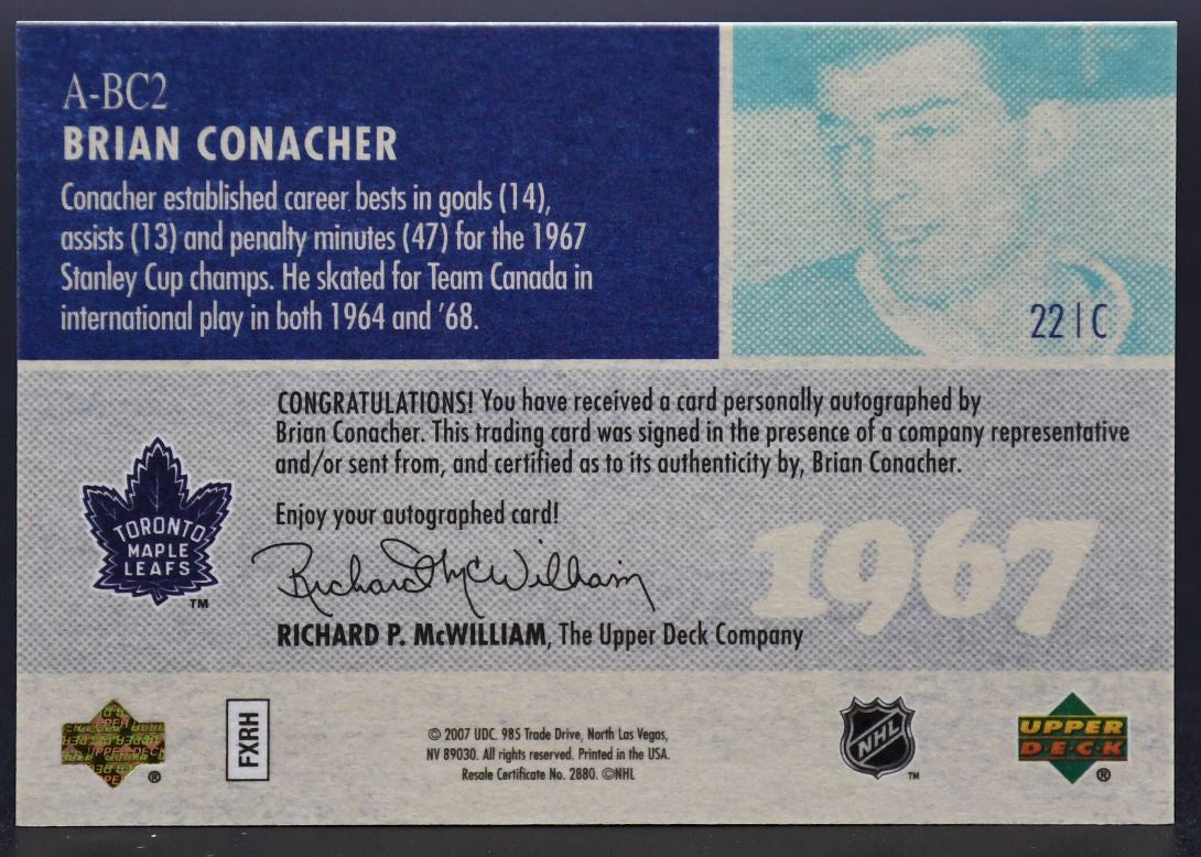 2007-08 UD 1967 Toronto Maple Leafs Autographs Brian Conacher A-BC2 Auto