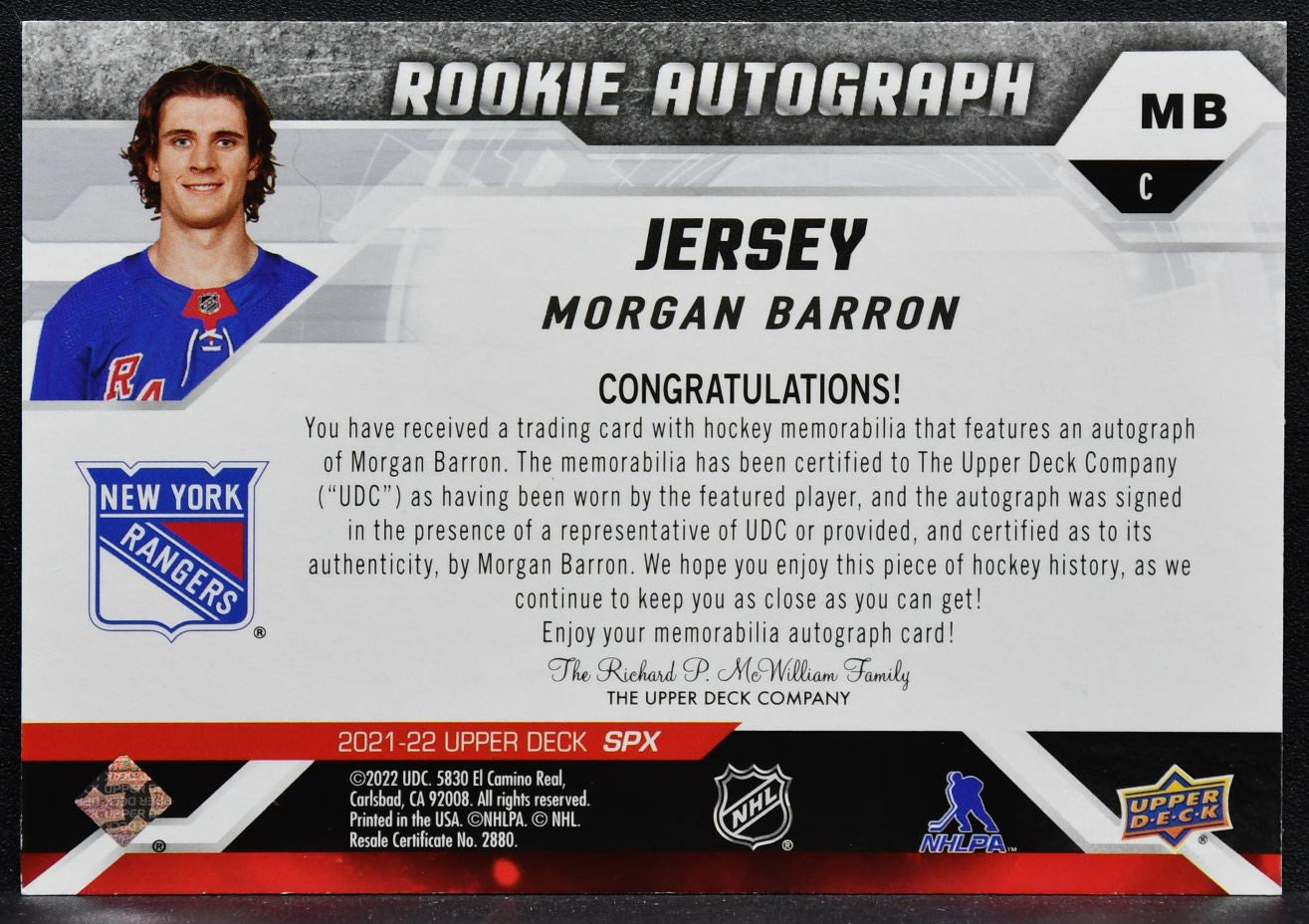 2021-22 SPx Rookie Auto Jersey Morgan Barron Rangers RC Auto 097/375 Jersey 3475