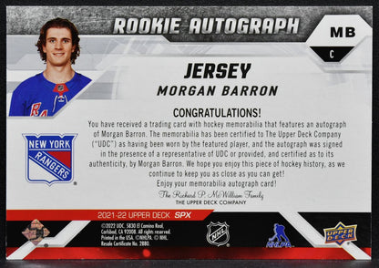 2021-22 SPx Rookie Auto Jersey Morgan Barron Rangers RC Auto 097/375 Jersey 3475