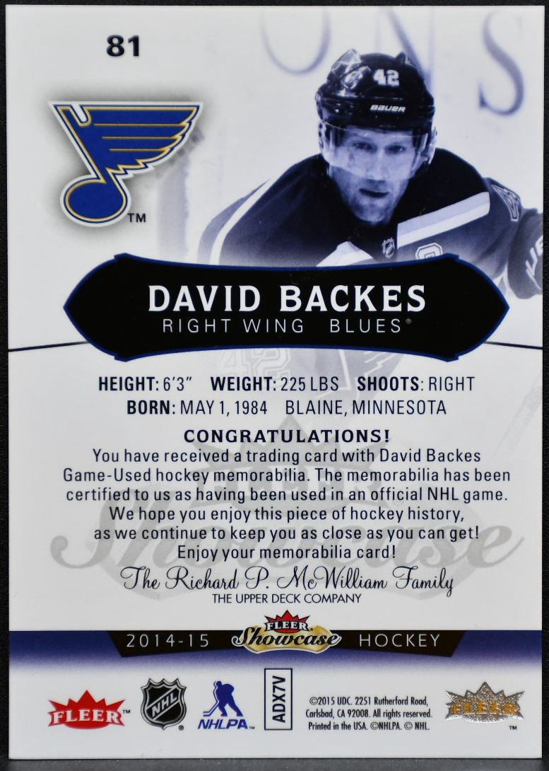 2014-15 Fleer Showcase Jersey Red Glow David Backes 81 Blues 29/36 Jersey 3291