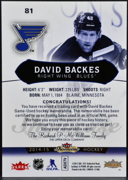 2014-15 Fleer Showcase Jersey Red Glow David Backes 81 Blues 29/36 Jersey 3291