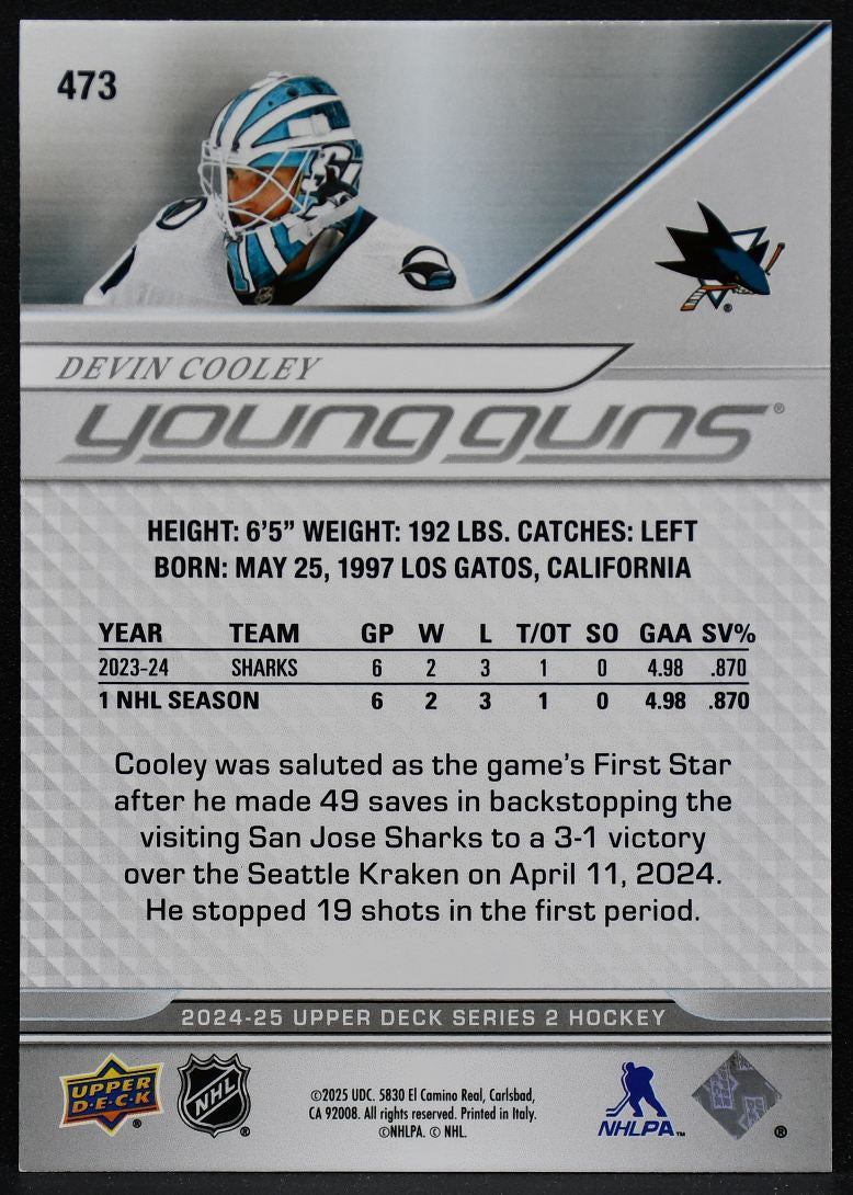 2024-25 Upper Deck Series 2 Young Guns Devin Cooley 473 San Jose Sharks RC 4920