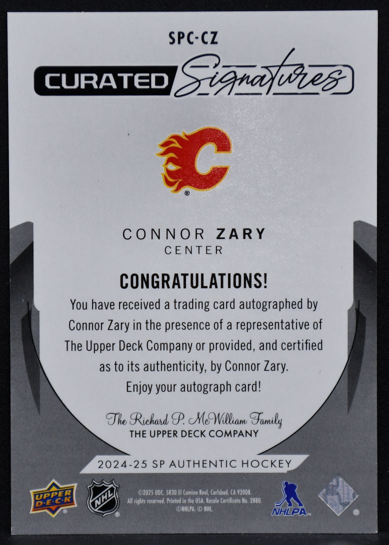 2024-25 SP Authentic Curated Signatures Connor Zary SPC-CZ Flames Auto 068/299