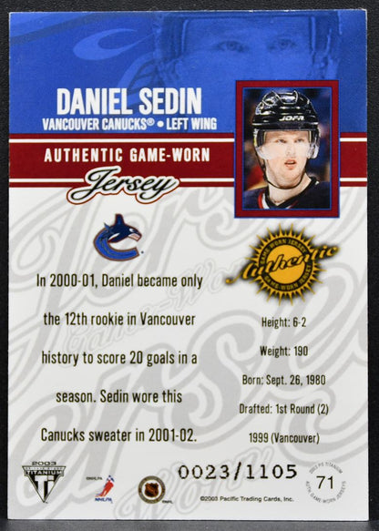 2002-03 Pacific Private Stock Titanium Jerseys Daniel Sedin Canucks Jersey 6739