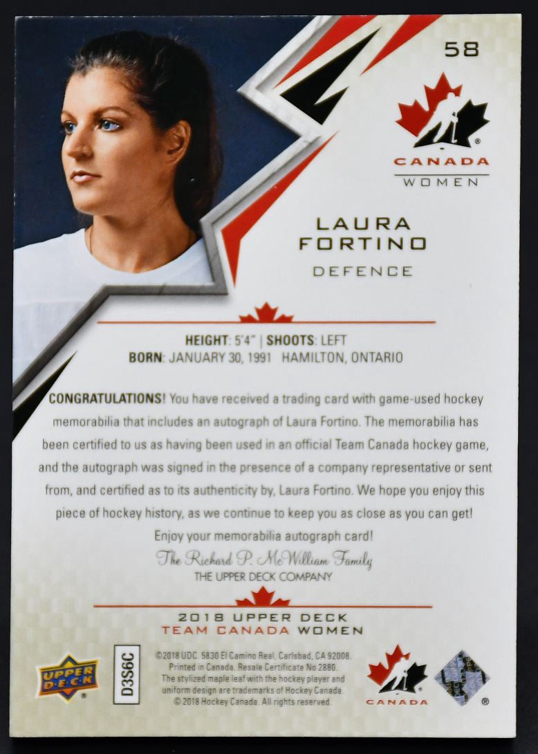 2018-19 UD Team Canada Juniors Auto Patch Laura Fortino 58 Auto 180/199 Patch