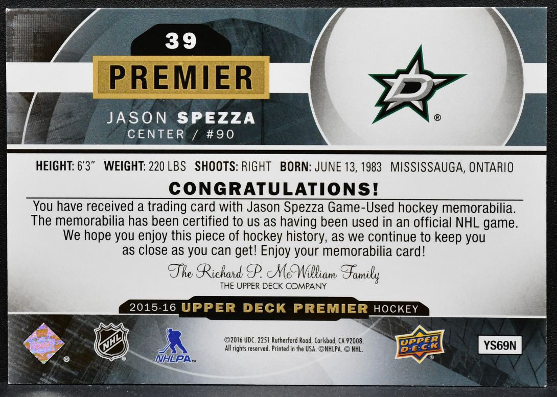 2015-16 UD Premier Base - Jersey Jason Spezza 39 Stars 109/199 Jersey 0888