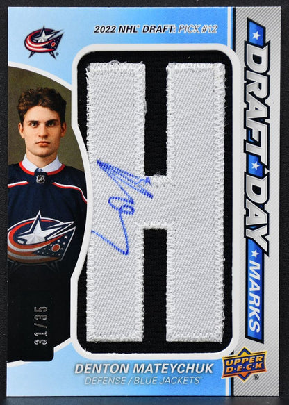2025-26 SP Game Used Draft Day Denton Mateychuk Blue Jackets RC Auto /35 Patch 2821