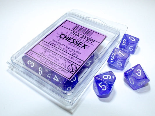 Borealis 10 * D10 Purple / White Luminary Chessex Dice (CHX27377)