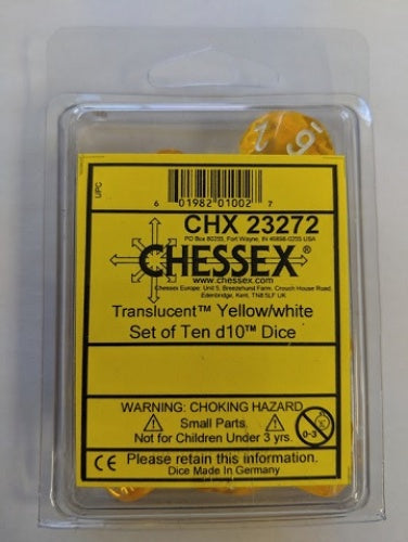 Translucent 10-Die Set D10 Yellow W / White Chessex Dice (CHX23272)