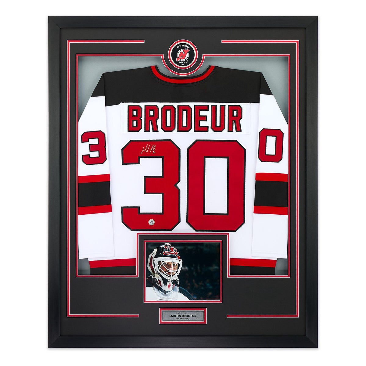 Martin Brodeur Signed New Jersey Devils Puck Logo 36x44 Jersey Frame