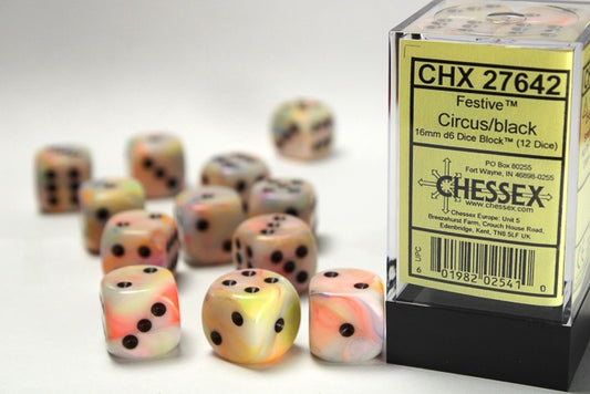 Festive 12 * D6 Circus / Black 16mm Chessex Dice (CHX27642)