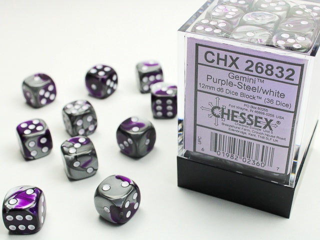 Gemini 36 * D6 Purple-Steel / White 12mm Chessex Dice (CHX26832)