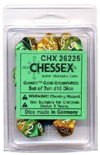 Gemini 10 * D10 Gold-Green / White Chessex Dice (CHX26225)