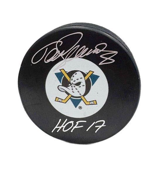 Teemu Selanne Autographed & Inscribed Puck - Logo (Ducks Vintage)