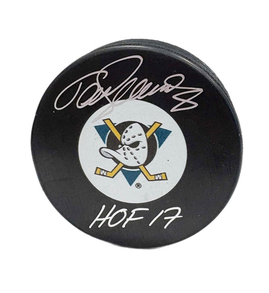 Teemu Selanne Autographed & Inscribed Puck - Logo (Ducks Vintage)