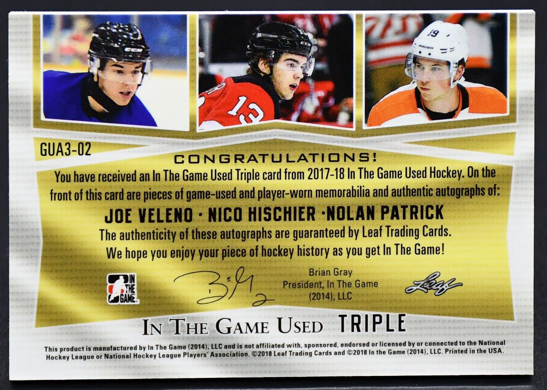 2017-18 Leaf In the Game Used Triple Veleno/Hischier/Patrick Auto 11/30 Patch