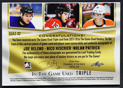2017-18 Leaf In the Game Used Triple Veleno/Hischier/Patrick Auto 11/30 Patch