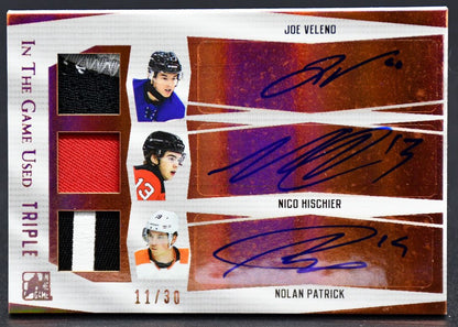 2017-18 Leaf In the Game Used Triple Veleno/Hischier/Patrick Auto 11/30 Patch