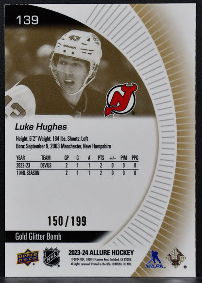 23-24 UD Allure RC Gold Glitter Bomb Luke Hughes 139 New Jersey Devils RC /199 7932