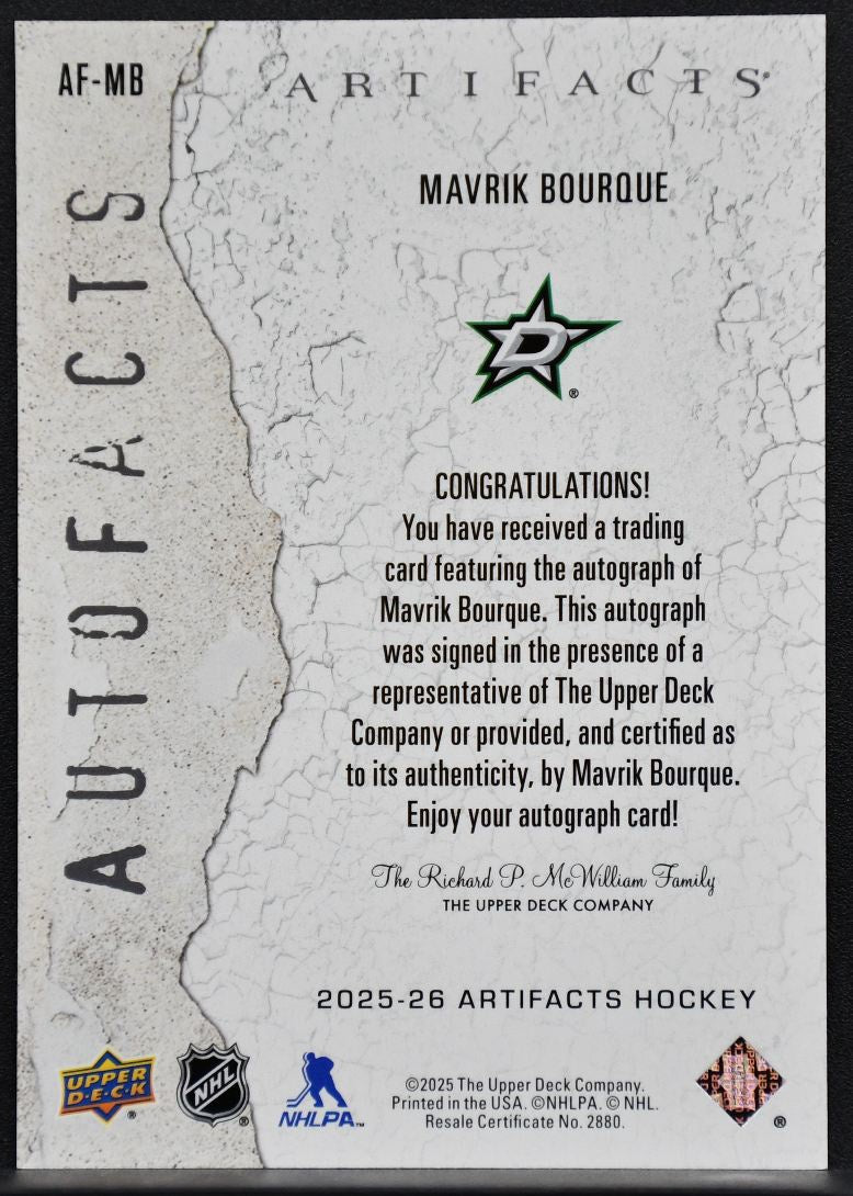 2025-26 Upper Deck Artifacts Autofacts Mavrik Bourque AF-MB Dallas Stars Auto 6034