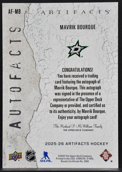2025-26 Upper Deck Artifacts Autofacts Mavrik Bourque AF-MB Dallas Stars Auto 6034