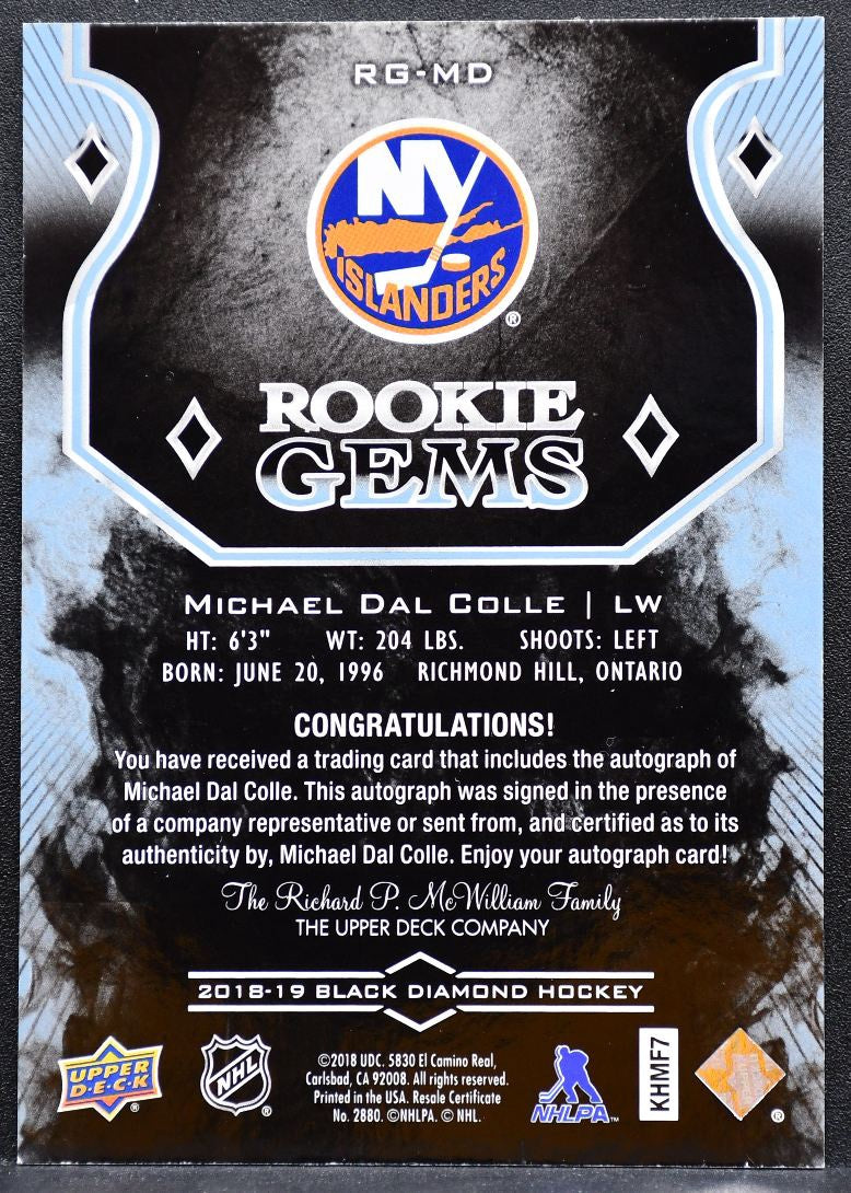 2018-19 UD Black Diamond Rookie Gems Michael Dal Colle RC Auto 078/199 7646