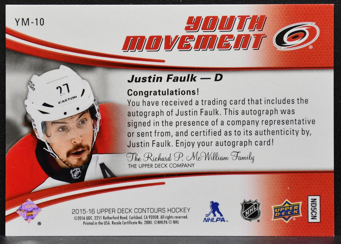 2015-16 UD Contours Youth Movement Auto Justin Faulk Hurricanes Auto 8184