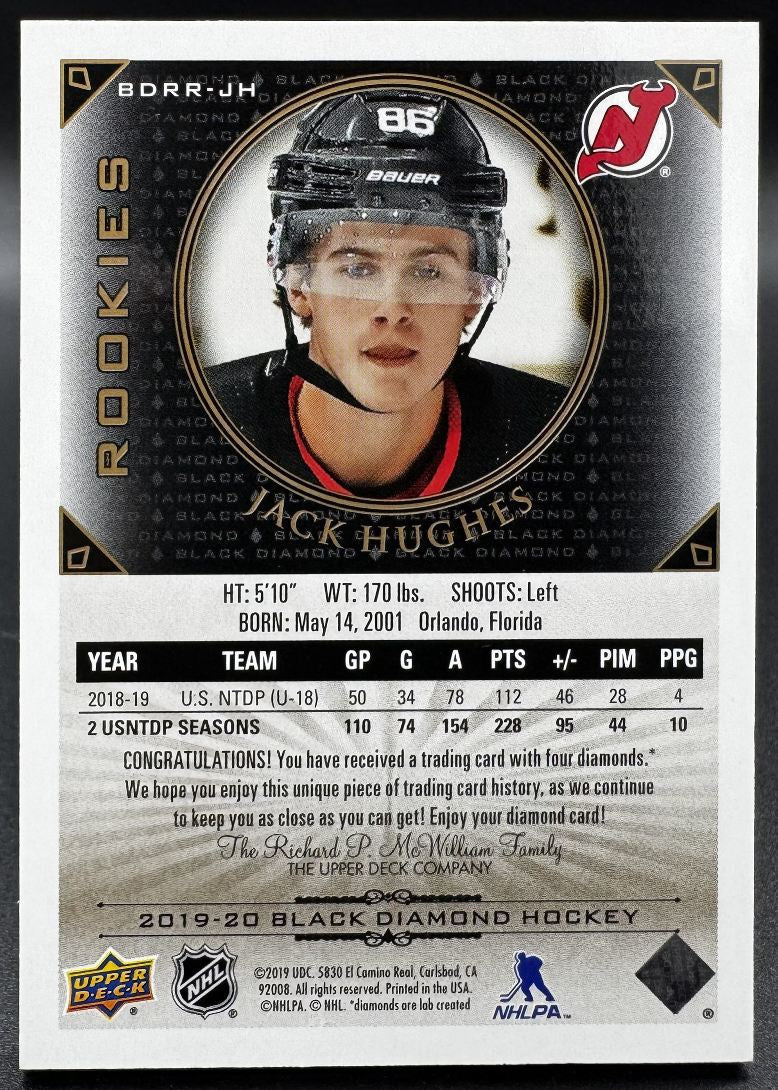 2019-20 UD Black Diamond Jack Hughes BDRR-JH New Jersey Devils 08/86