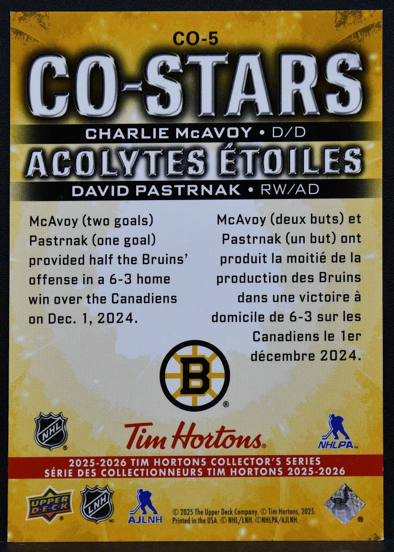 25-26 UD Tim Hortons Co-Stars David Pastrnak / Charlie McAvoy CO-5 Boston Bruins 1947
