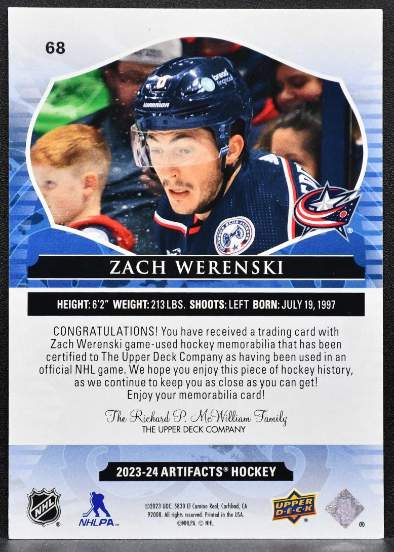 2023-24 UD Artifacts Material Gold Zach Werenski Blue Jackets Jersey 3964