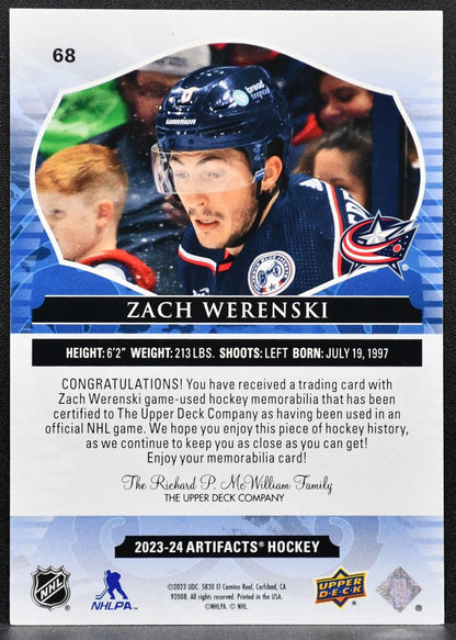 2023-24 UD Artifacts Material Gold Zach Werenski Blue Jackets Jersey 3964