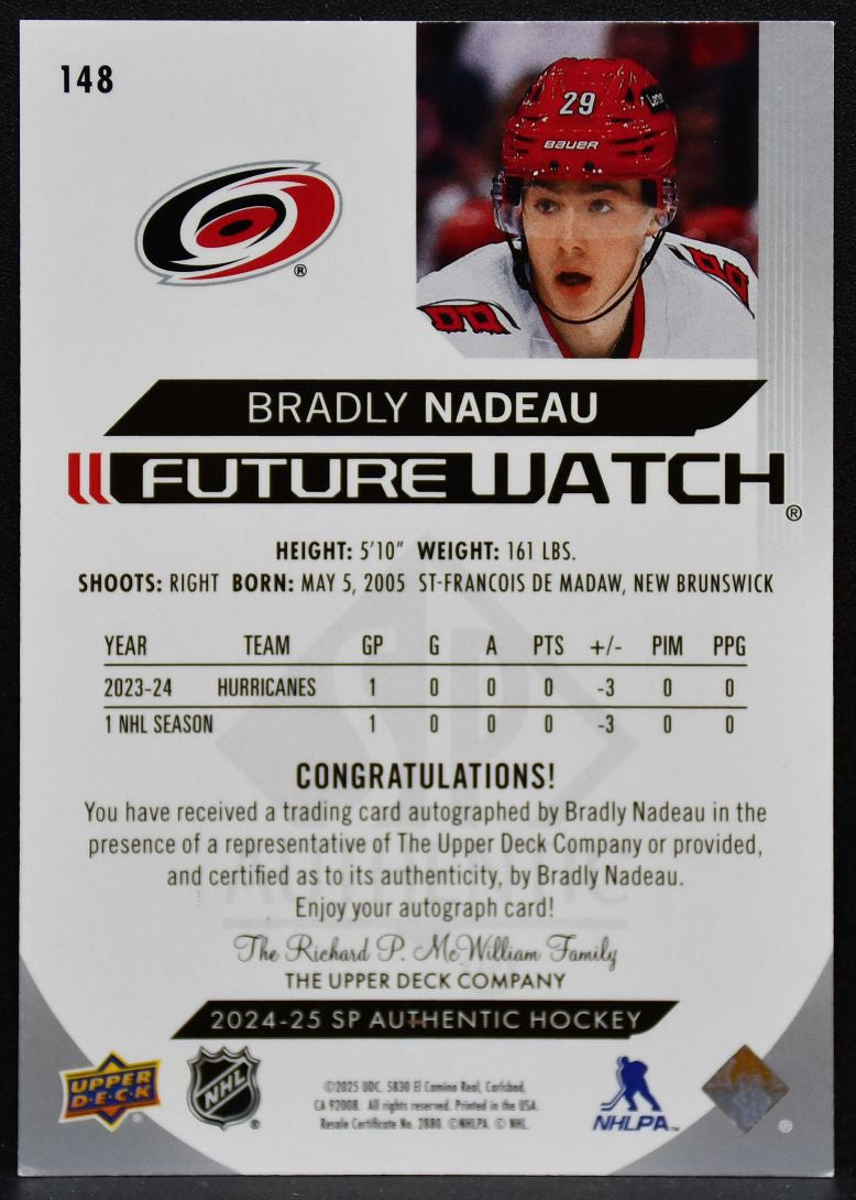 2024-25 SP Authentic Future Watch Nadeau 148 Hurricanes RC Auto 098/999 5408