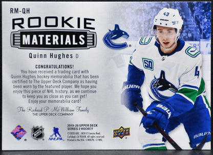 2019-20 Upper Deck Series 2 Rookie Materials Quinn Hughes Canucks RC Jersey 2140
