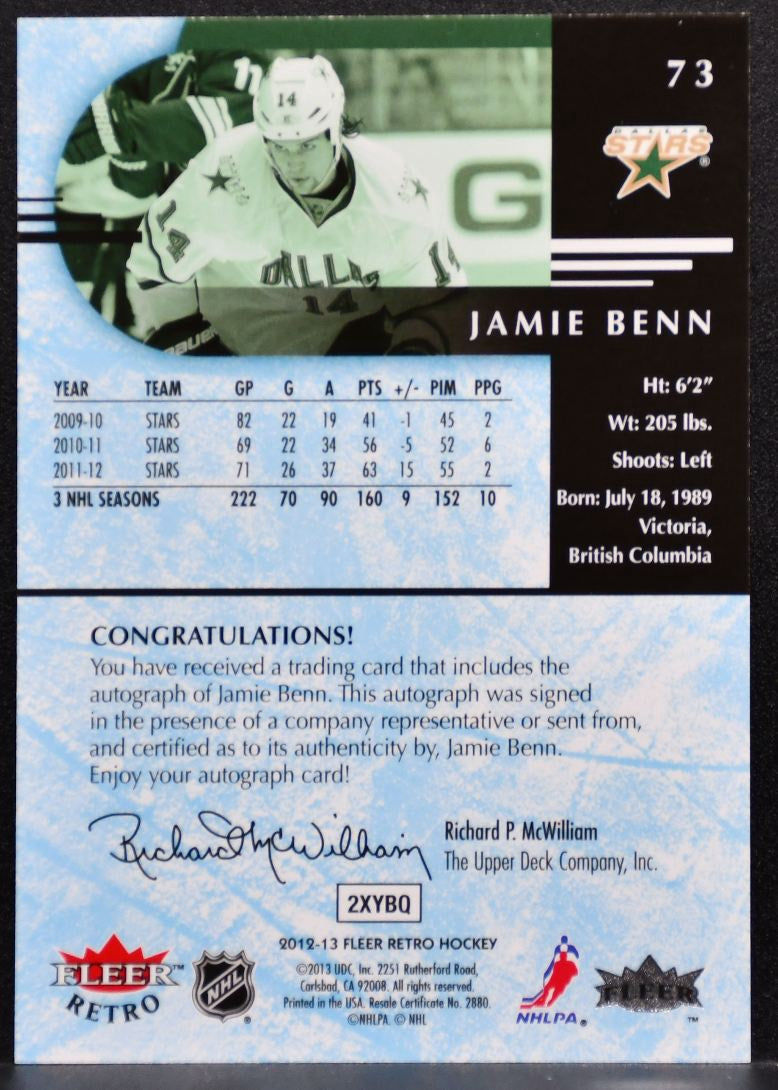 2012-13 Fleer Retro Autographs Jamie Benn 73 Dallas Stars Auto 7362