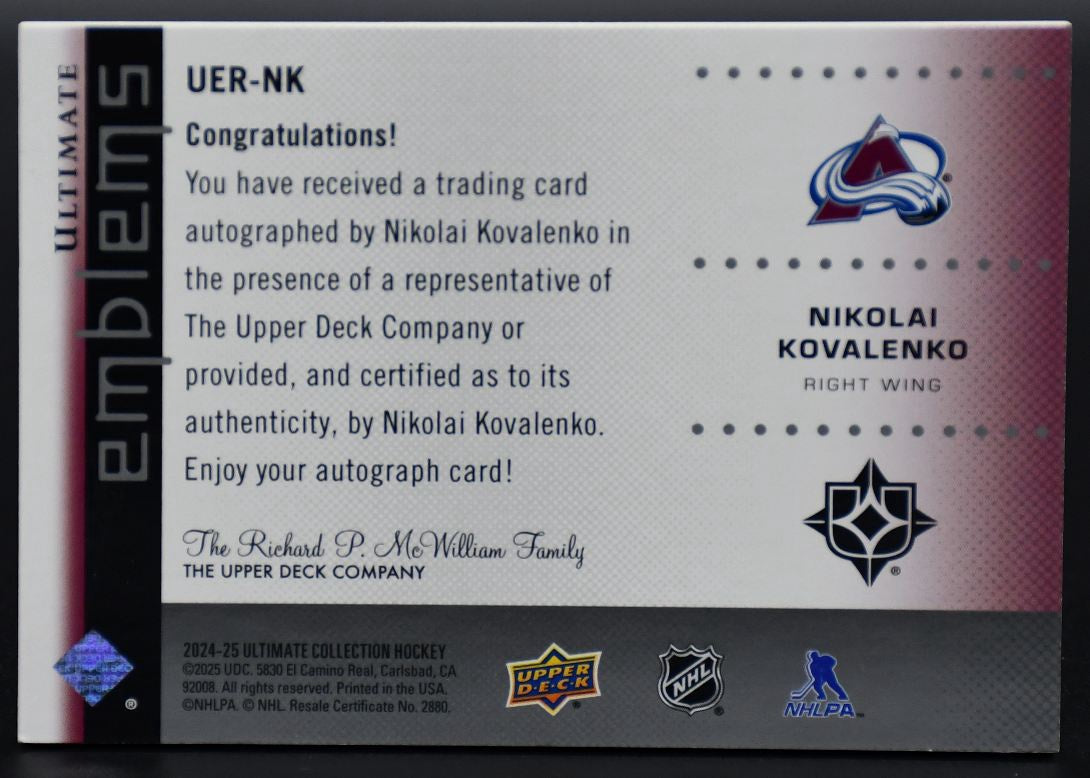 2024-25 UD Ultimate Collection Nikolai Kovalenko Colorado Avalanche RC Auto