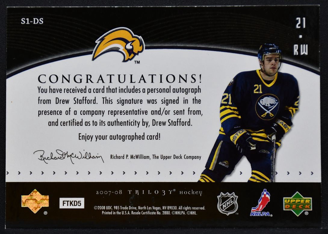 2007-08 UD Trilogy Script One (Young Stars) Drew Stafford S1-DS Sabres Auto 9703
