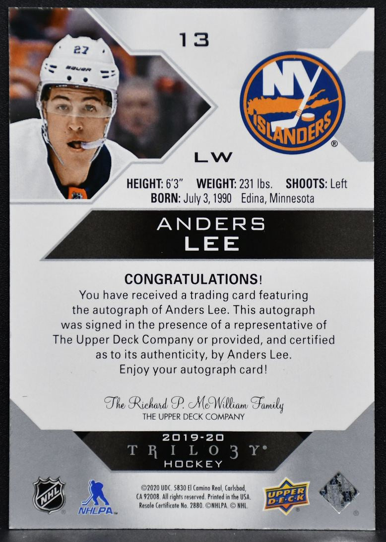 2019-20 Upper Deck Trilogy Silver Foil Auto Anders Lee 13 Auto 3276