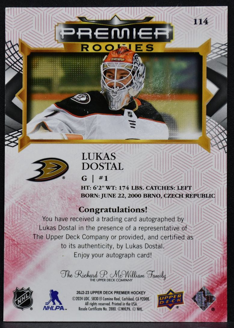 2022-23 UD Premier Rookie Auto Lukas Dostal 114 Anaheim Ducks RC Auto