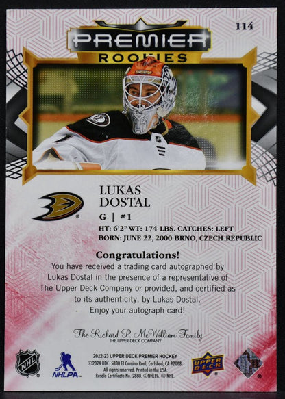 2022-23 UD Premier Rookie Auto Lukas Dostal 114 Anaheim Ducks RC Auto