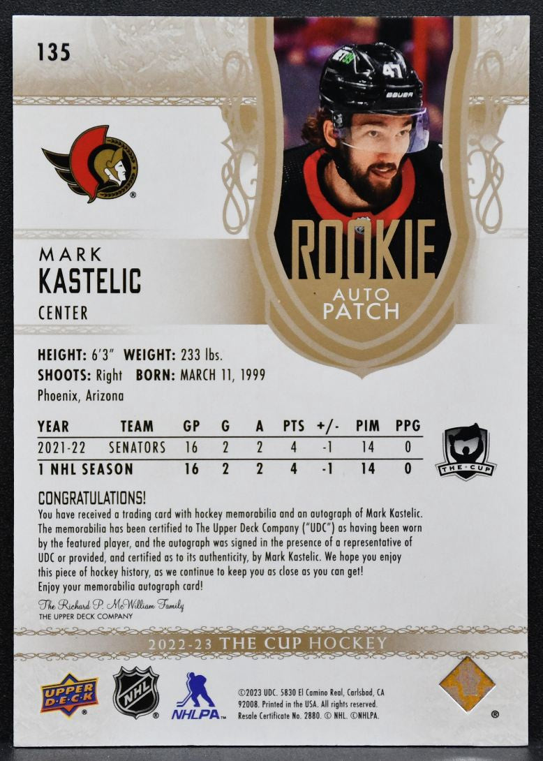2022-23 UD The Cup Rookie Auto Patch Gold Mark Kastelic RC Auto Patch 5671