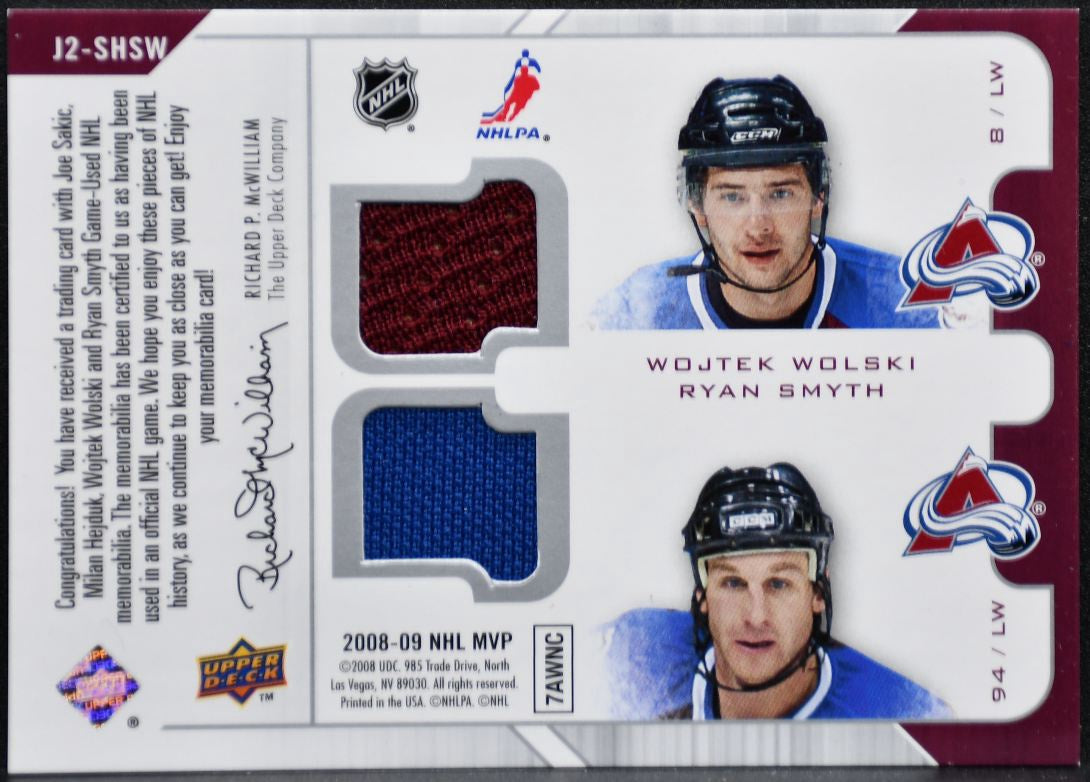 2008-09 UD MVP Two on Two Jerseys Sakic/Hejduk/Wolski/Smyth Jersey 1327