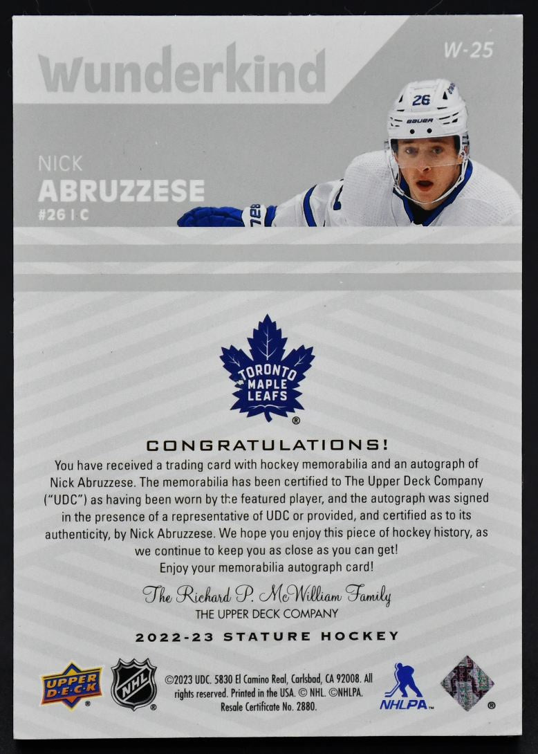 2022-23 UD Stature Wunderkind Auto Patch Wunderkind Nick Abruzzese /24