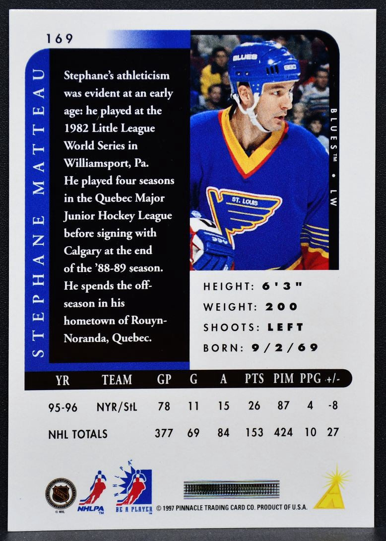 1996-97 Pinnacle Be a Player Autographs Stephane Matteau 169 Blues Auto 2339