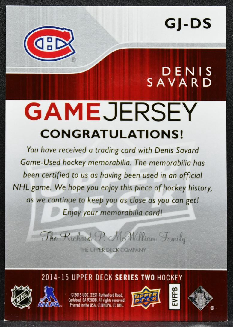 2014-15 Upper Deck Series 2 Game Jerseys Denis Savard Canadiens Jersey 2747