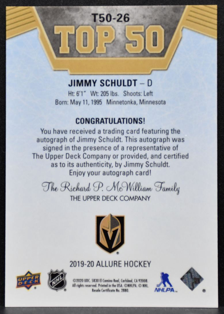 2019-20 UD Allure Top 50 Blue Autographs Jimmy Schuldt Golden Knights Auto 5115