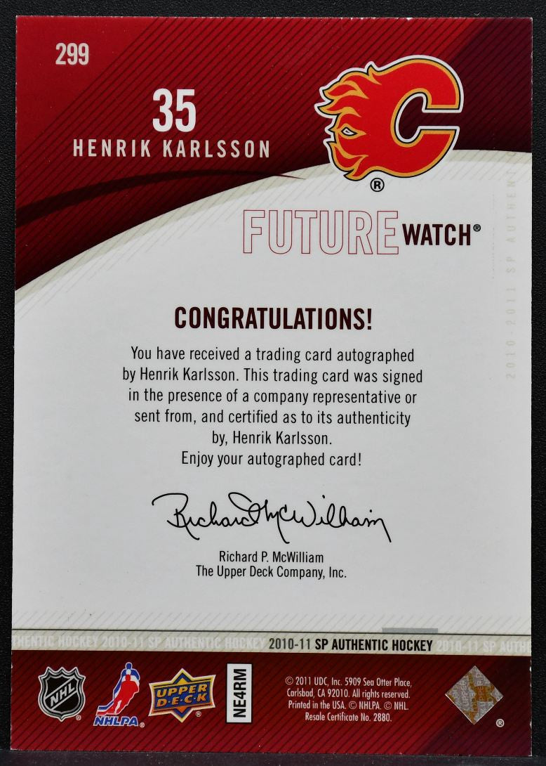 2010-11 SP Authentic Future Watch Auto Henrik Karlsson RC Auto 485/999 2701
