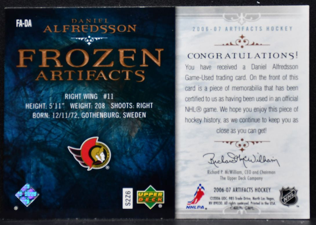 2006-07 UD Artifacts Frozen Swtaches Daniel Alfredsson 238/250 Jersey 4361