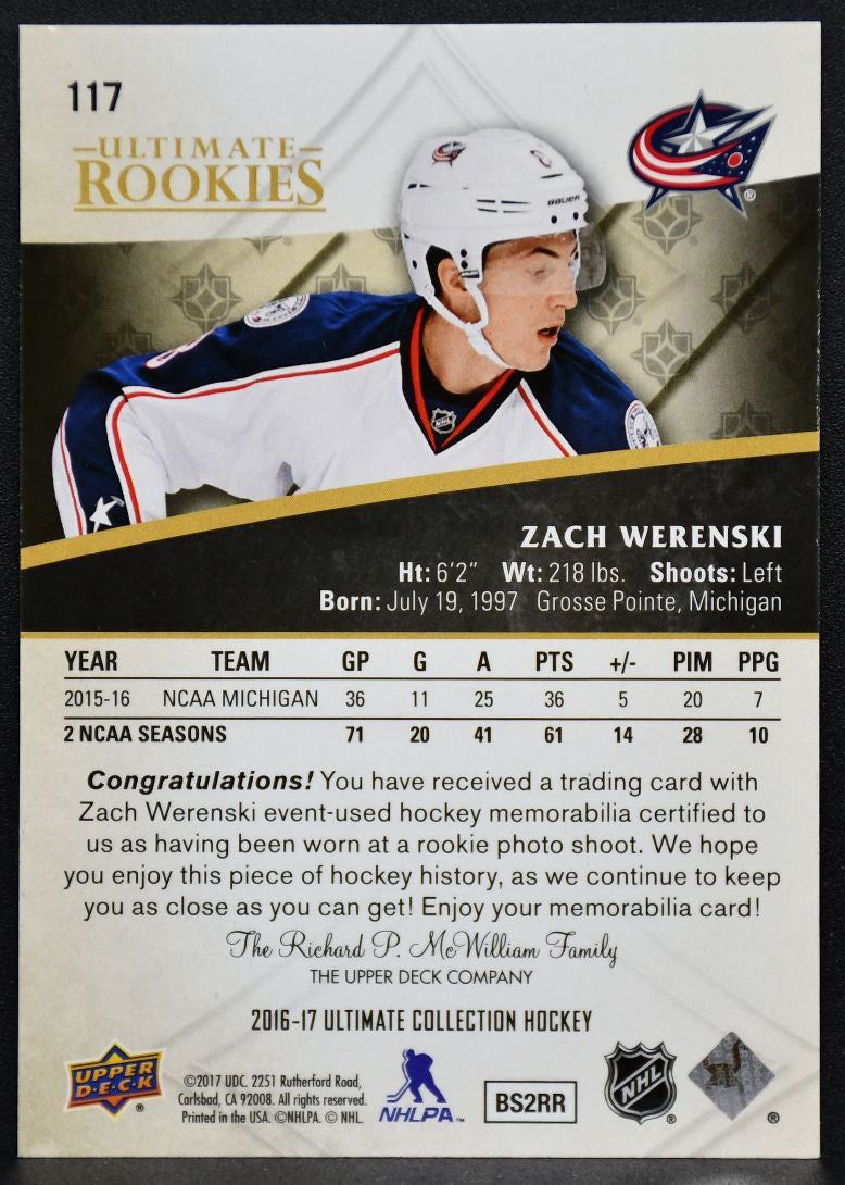 2016-17 UD Ultimate Collection RCs Jersey silver Werenski Blue Jackets RC /249 4374