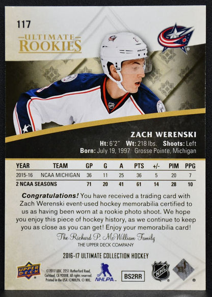 2016-17 UD Ultimate Collection RCs Jersey silver Werenski Blue Jackets RC /249 4374